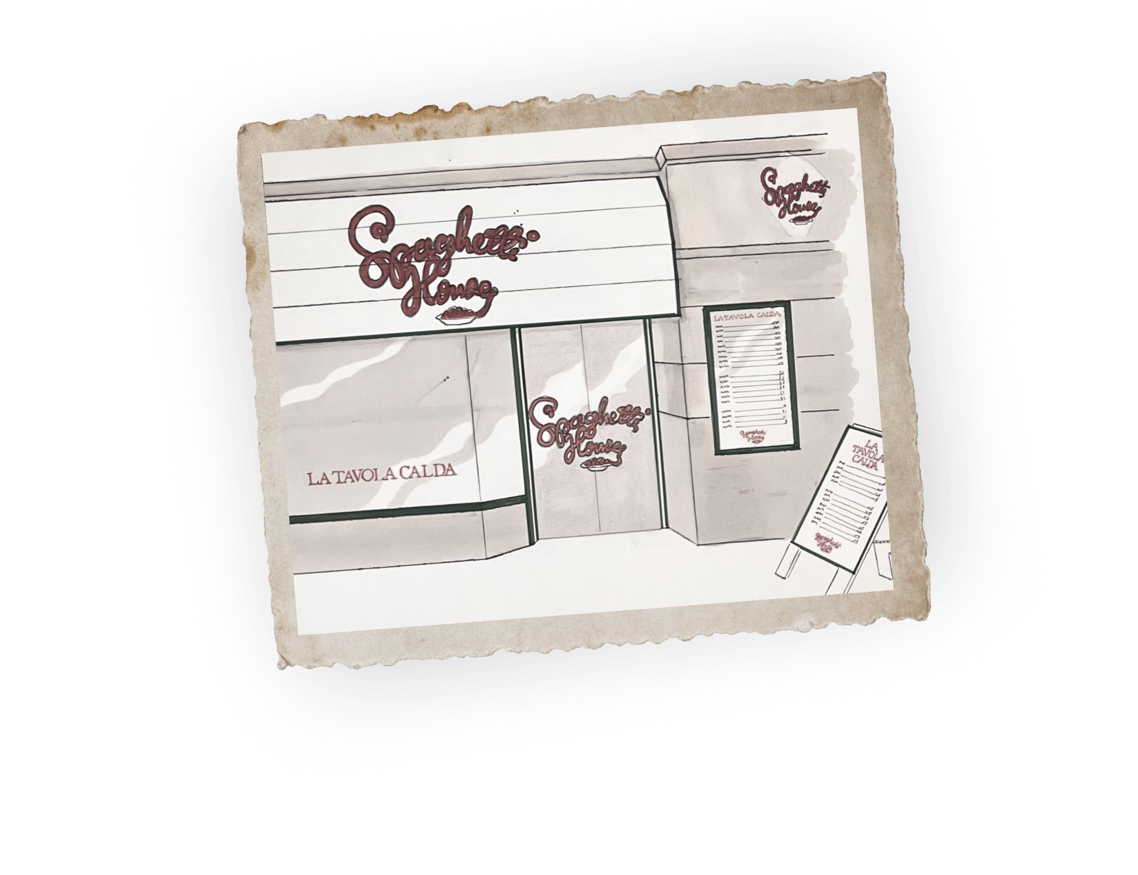 A hand-drawn illustration of a storefront with 