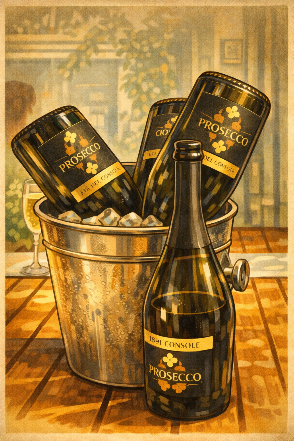 A metal bucket filled with ice holds three prosecco bottles, with one additional prosecco bottle standing on a wooden table nearby. There is a glass of white wine and a blurred background scene.